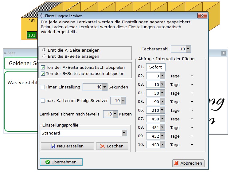 Screenshot der Lernkarten-Software memoCARD:  Option für die Anzahl der Lernbox-Fächer und der Wiederholungsintervalle